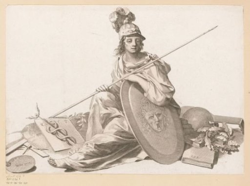 Allegorical representation with Minerva between books and painting and engraving materials