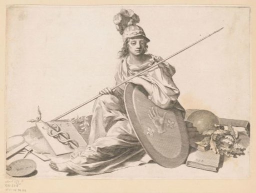 Allegorical representation with Minerva between books and painting and engraving materials