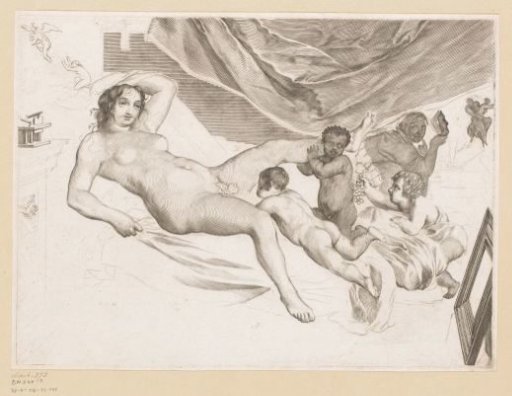 Nude woman with children and woman with mask