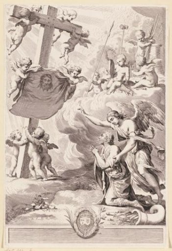 Kneeling man with angel before the Cross of Christ with the Sudarium