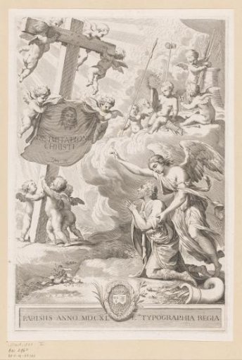 Kneeling man with angel before the Cross of Christ with the Sudarium