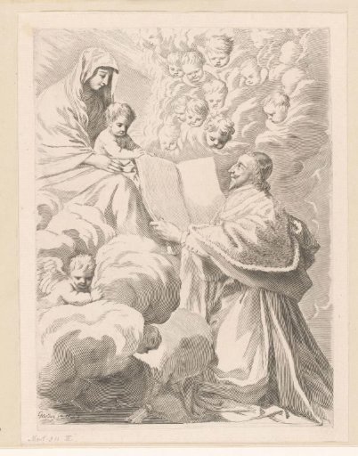 Armand-Jean du Plessis, Duke of Richelieu, presents a book to the Madonna and Child
