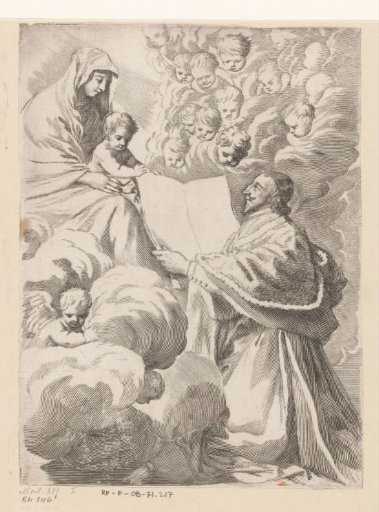 Armand-Jean du Plessis, Duke of Richelieu, presents a book to the Madonna and Child