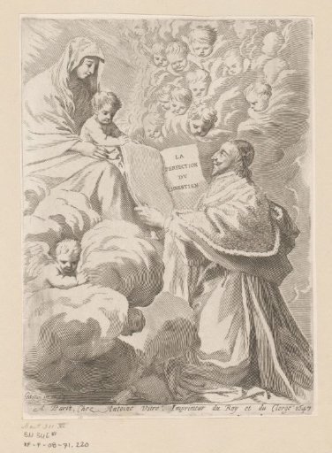 Armand-Jean du Plessis, Duke of Richelieu, presents a book to the Madonna and Child
