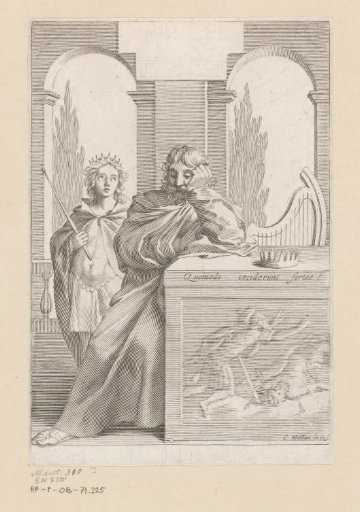 David leaning against a pedestal with bas-relief
