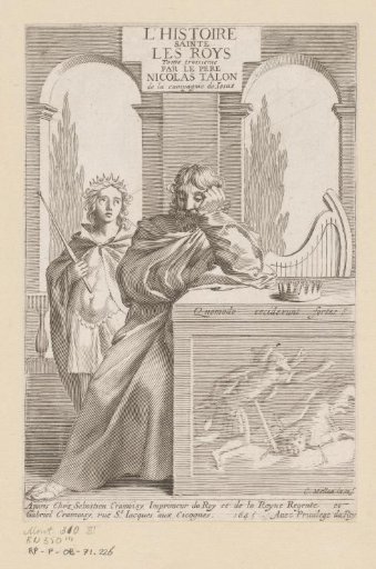 David leaning against a pedestal with bas-relief