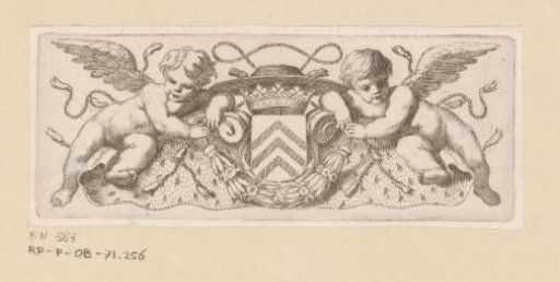 Two putti near the coat of arms, cardinal's hat and mantle of Cardinal Richelieu