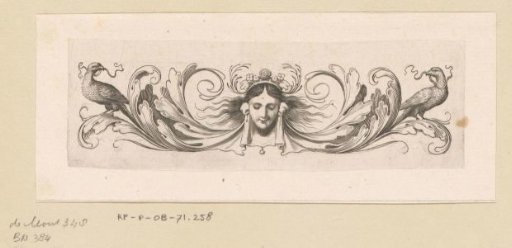 Vignette with the head of a woman, foliage and parrots