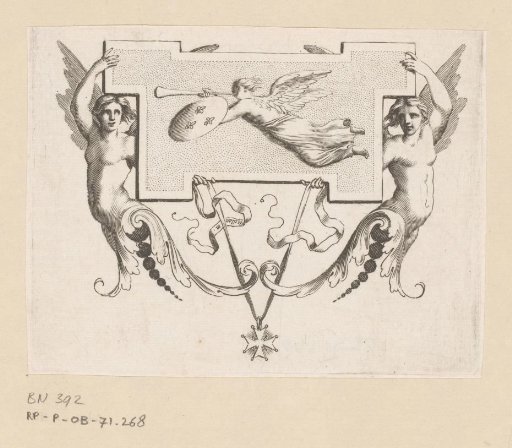 Cul-de-lampe of two winged women holding a tablet upon which is Fame (Fama)