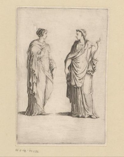 Two standing women in antique dress