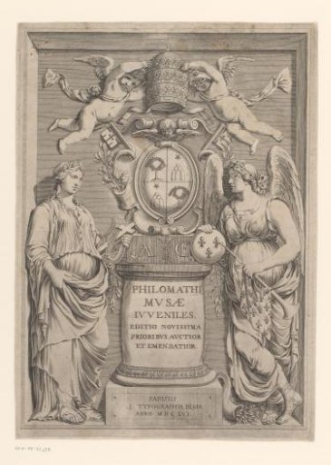 Two female figures beside a coat of arms and the papal tiara