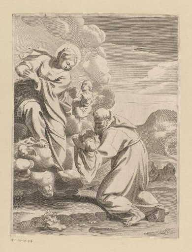 Mary on clouds looking down on a mendicant monk with the Child in his arms