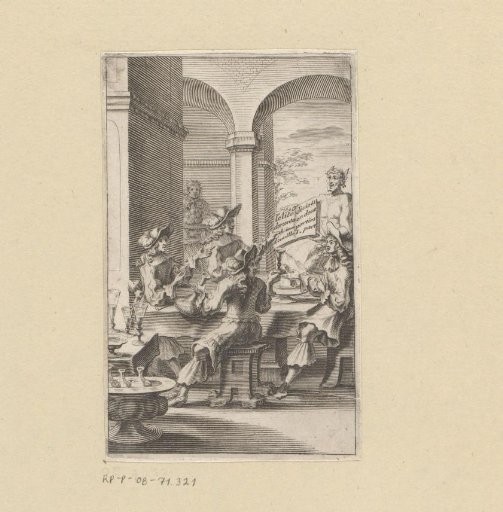 Interior with four men around a table and a satyr with a book