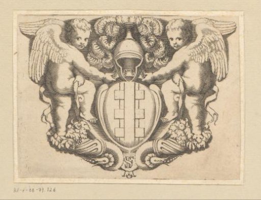 Two putti by a coat of arms