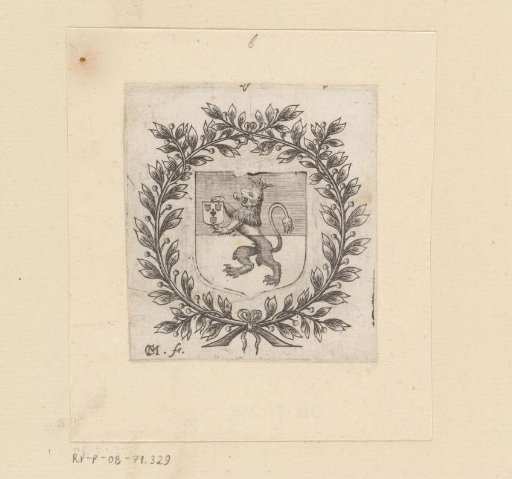 Coat of arms with lion, surrounded by leaf wreath
