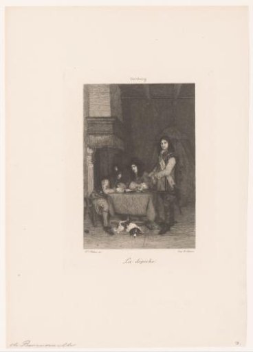 Interior with three men around a table