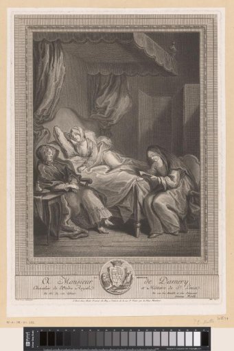 Young woman in bed, beside her another woman and nun