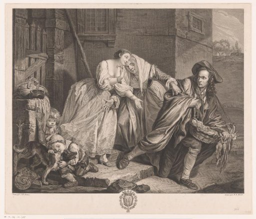 Young and old woman taking leave of a peddler