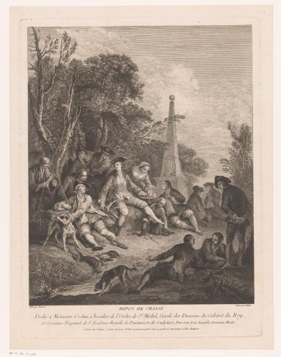 Hunting party resting by an obelisk
