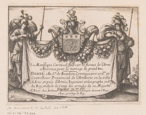 Title print with a man and woman on either side of a coat of arms with festoons