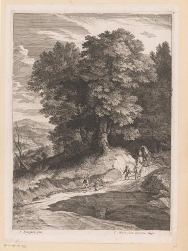 Landscape with travelers with a cart on a path