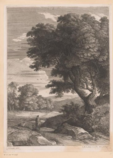Landscape with a rider preceded by a man with a staff by a tree