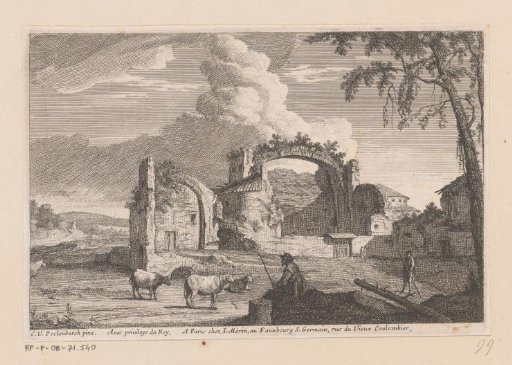 Landscape with ruins and shepherds with a flock in the foreground