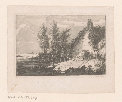 Man with a boat by a house on a river