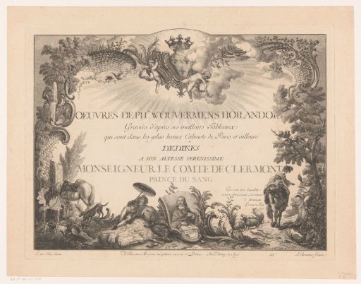Title print with figures and animals in a landscape, with the portrait of Philips Wouwerman