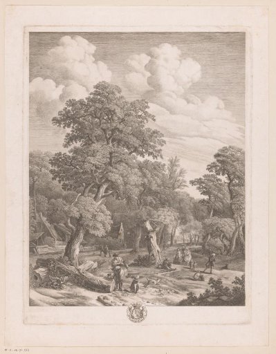 Various figures in a wood with two houses