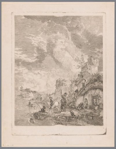 River landscape with figures along the water's edge