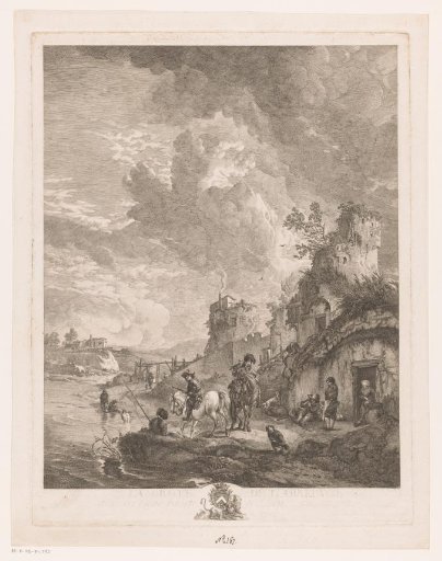 River landscape with figures along the water's edge