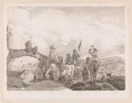 Hunting party watering horses at the foot of a bridge