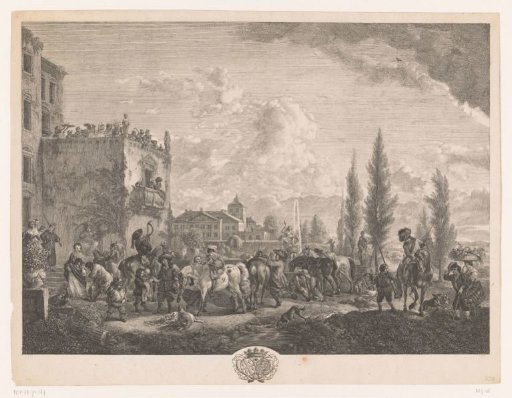 Hunting party by a fountain in front of a house