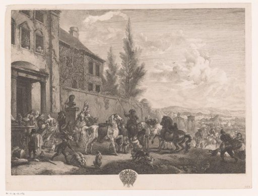 Hunting party departing from a house