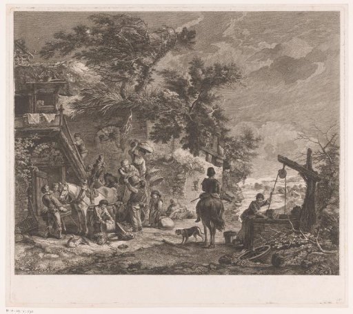 Figures returning from the market at a house with a well