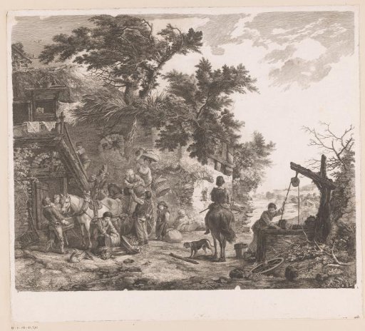 Figures returning from the market at a house with a well