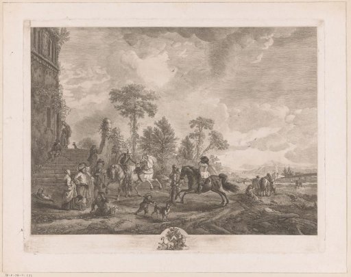 Riding lesson before a house in a landscape
