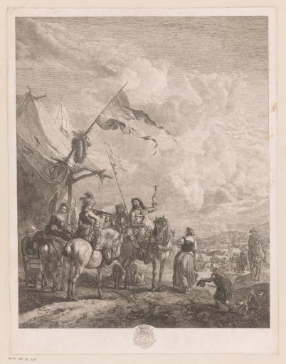 Riders and other figures at a tent
