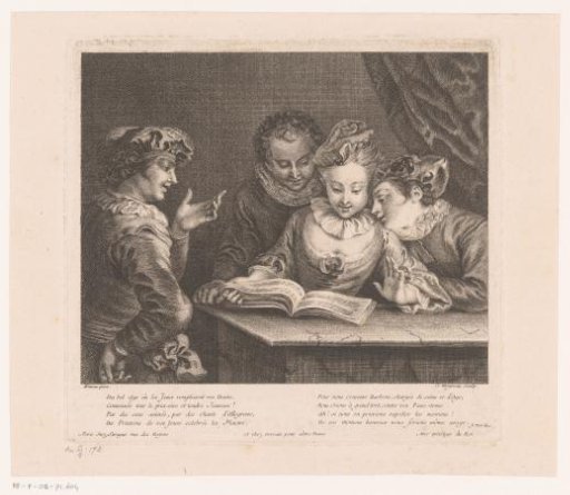 Singing young woman and three young men at a table