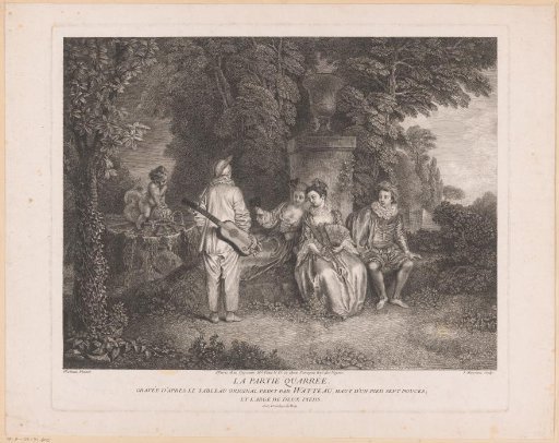 Pierrot and three other figures in a garden with a fountain