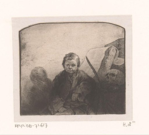 Seated boy at a table with book and skull