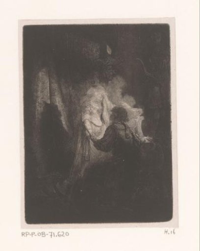 Kneeling man before a mourning woman