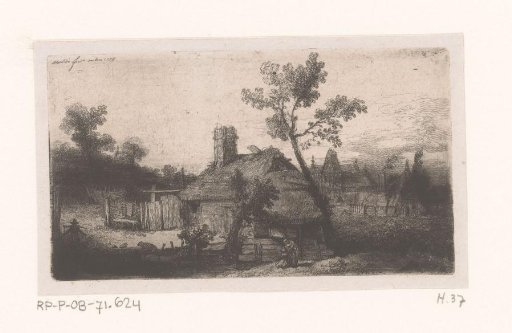 View of farmyard and village