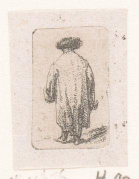 Man in a long cloak seen from the back with a fur cap