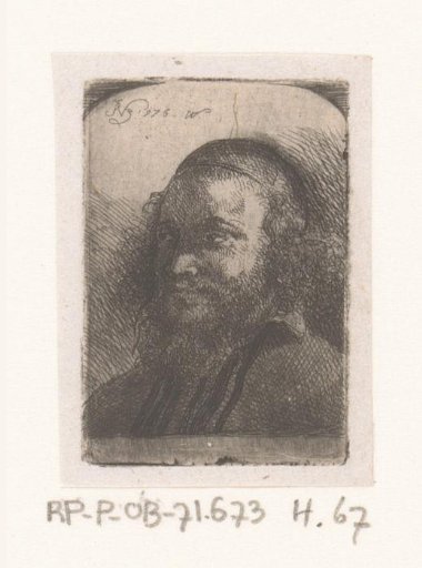 Bust of a man with curly hair and a skullcap