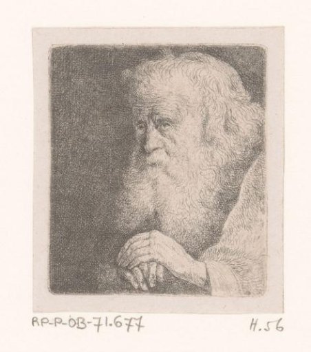 Head of an old man with a white beard and folded hands