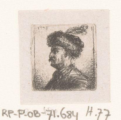 Head of a man with a fur cap with a feather