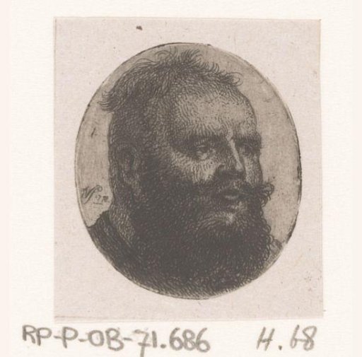 Head of a large man with a moustache and beard