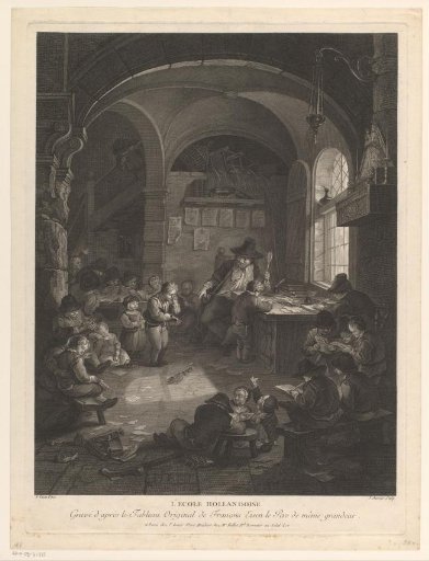 Schoolroom with schoolmaster punishing a pupil